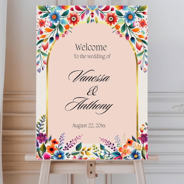 Mexican Floral Wedding Welcome Sign: Editable Canva Template