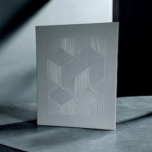 Puede incluir: Un lienzo blanco con un patrón geométrico en relieve de cuadrados y rectángulos. El patrón está en relieve y crea un efecto 3D.