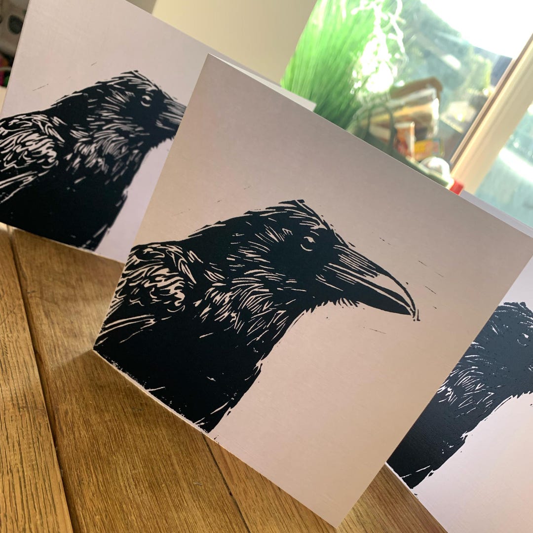 Handmade Raven Linocut Card, Gothic Wildlife Art Greeting, Blank Inside ...