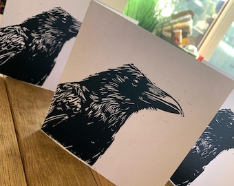 Birthday Card | Handmade Raven Linocut Card, Gothic Wildlife Art Greeting, Blank Inside