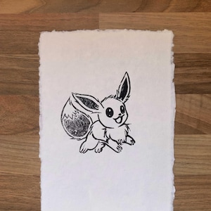 Fan art A5 de gravure sur linogravure d'Évoli inspiré de Pokémon. Cadeau, Anniversaire, Saint-Valentin, Fête des mères, Fête des pères, Anniversaire