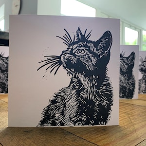 Nieuwsgierig katje | Linosnede | Blanco wenskaart | Jubileum | Betrokkenheid | Bruiloft | Moederdag | Vaderdag | Verjaardag | Kattenkaart