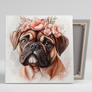 Boxer Dog wall Art, Canvas or Poster, Whimsical Bohemian Rustic Decor, Living Room Bedroom Children&#39;s Office Wall Art, Floral Crown Print