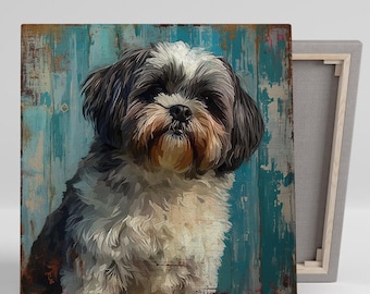 Shih Tzu Wall Art, Canvas or Poster, Whimsical Rustic Decor, Living Room Office Bedroom Children&#39;s Room Wall Art, Blue Grey White Brown