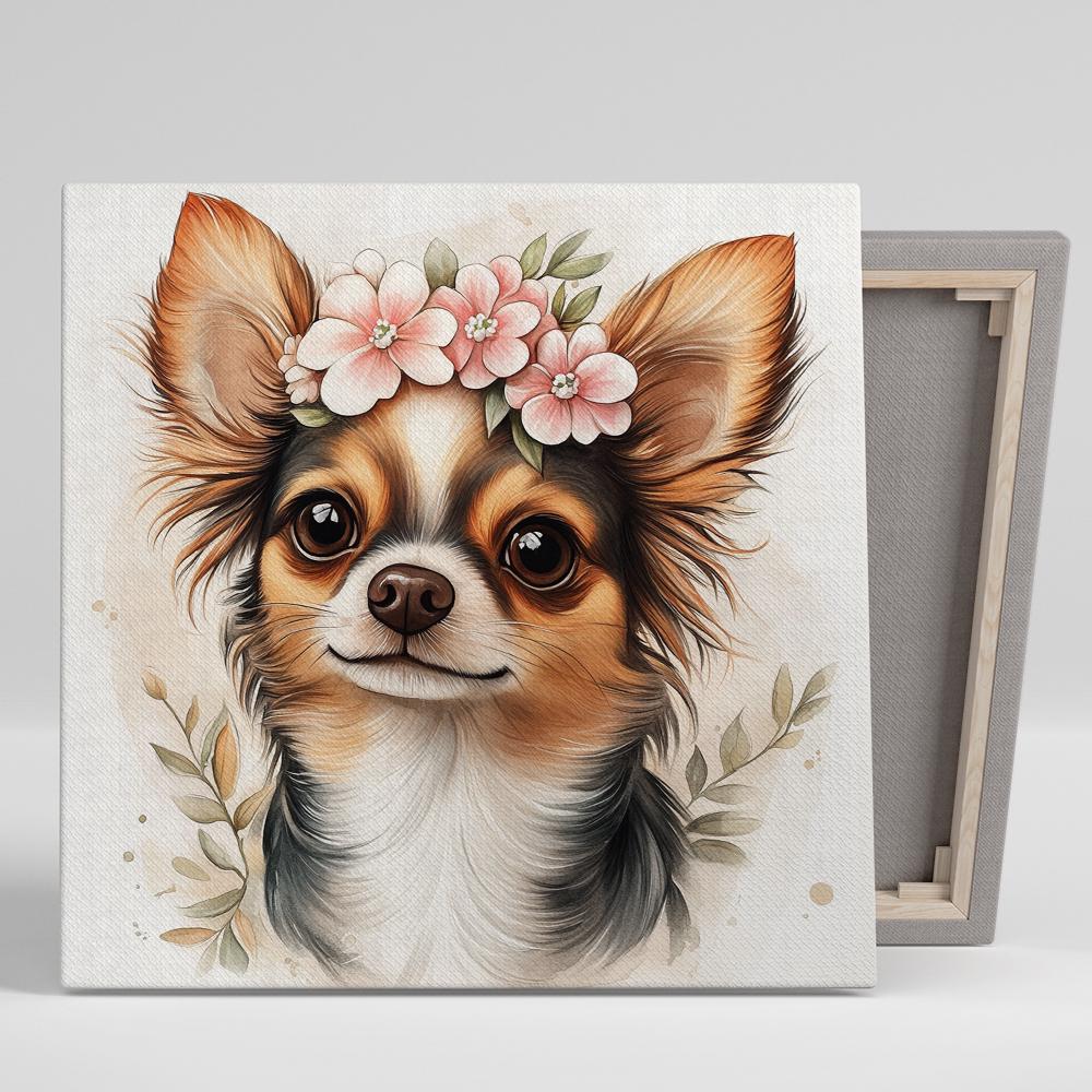 Chihuahua Art, Canvas or Poster, Whimsical Farmhouse Decor, Living Room Bedroom Nursery Art, Floral Crown Brown Pink Green, Chihuahua Decor