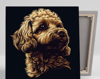 May include: A close-up portrait of a brown and gold poodle with curly fur. The dog is looking to the right of the image with a serious expression. The background is black.