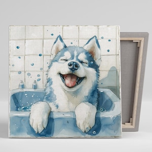 Arte de husky siberiano, lienzo o póster, decoración animal contemporánea, impresión caprichosa para el baño, la sala de estar y la habitación de los niños, blanco, gris y turquesa