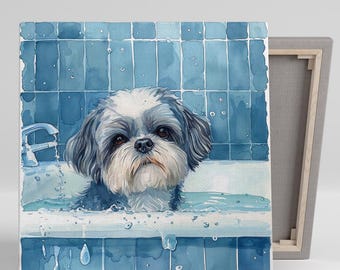 Shih Tzu Wall Art, Canvas or Poster, Whimsical Coastal Decor, Bathroom Living Room Children&#39;s Room Wall Art, Blue White Grey Black Decor