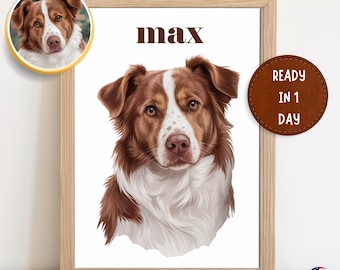 May include: A framed illustration of a brown and white dog with the name "max" printed below the image. The text "READY IN 1 DAY" is printed on a brown leather-like circle in the upper right corner of the image.