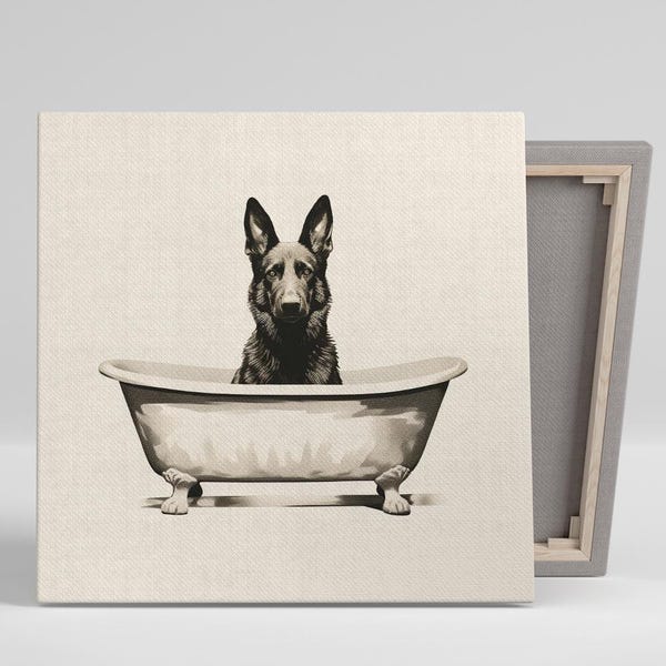 German Shepherd Wall Art, Canvas or Poster, Whimsical Modern Decor, Bathroom Living Room Bedroom Office Wall Art, Black White Grey Elegance