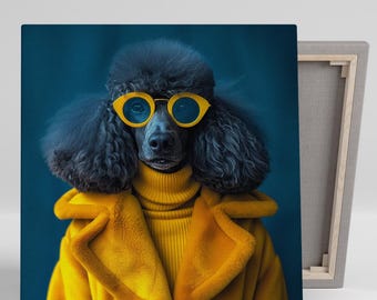 Poodle Art, Canvas or Poster, Contemporary Animal Decor, Living Room Office Bedroom Hallway Wall Art, Yellow Blue Black White Pop Art Print