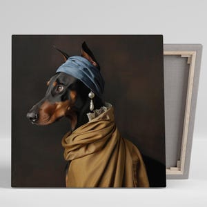 Doberman Pinscher Art, Canvas or Poster, Classic Contemporary Decor, Living Room Office Bedroom Dining Room Wall Art Blue Gold Black Brown