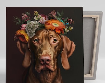 Vizsla Wall Art - Floral Crown Elegance, Canvas or Poster, Animal Whimsical Decor, Living Room Bedroom Home Office Rustic Bohemian Print