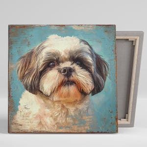 Shih Tzu Art, Canvas or Poster, Whimsical Rustic Decor, Living Room Bedroom Office Children's Room Wall Art, Blue Brown Beige Dog Portrait