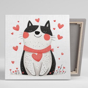Tuxedo Cat Art, Canvas or Poster, Whimsical Contemporary Decor, Bedroom Living Room Nursery Wall Art, Black White Red Pink Heart Design