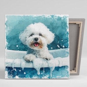 Bichon Frise Art, Canvas or Poster, Whimsical Coastal Decor, Bathroom Living Room Children's Office Wall Art, Teal Turquoise White Print
