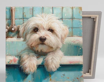 Maltese wall Art, Canvas or Poster, Whimsical Coastal Decor, Bathroom Bedroom Living Room Laundry Room Wall Art, White Blue Turquoise Decor