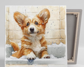 May include: A watercolor painting of a corgi puppy in a bathtub with soapy bubbles. The puppy has a surprised expression on its face and is looking directly at the viewer.