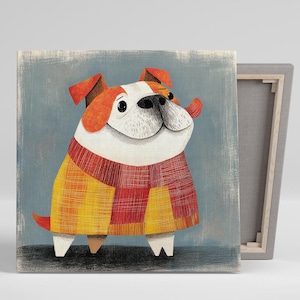 Bulldog Art, Canvas or Poster, Whimsical Scandinavian Decor, Children&#39;s Room Bedroom Living Room Office Wall Art, Cozy Sweater Animal Print
