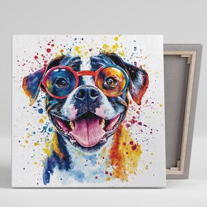 Bulldog Art, Canvas or Poster, Colorful Spectacles Decor, Whimsical Modern Living Room Children&#39;s Game Room Art, Red Blue Yellow Multicolor
