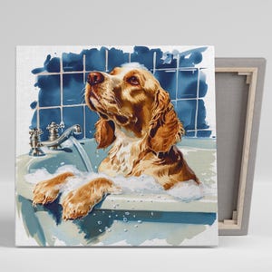 May include: A canvas print depicts a dog in a bathtub, surrounded by bubbles. The dog, with brown and white fur, looks upwards with a serene expression. The background features a blue tiled wall and a vintage-style faucet.