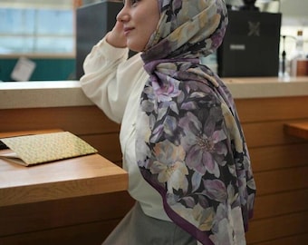 Hijab in morbido velluto viola con stampa floreale, facile da indossare, traspirante, confortevole, tessuto antipiega, sciarpa con stampa floreale per donna musulmana