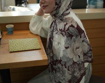 Hijab in velluto bordeaux e beige con stampa floreale, facile da indossare, traspirante, comodo, tessuto antipiega, sciarpa con stampa floreale per donna musulmana