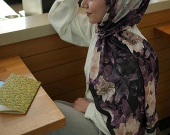 Hijab in velluto viola con stampa floreale, facile da indossare, traspirante, comodo, tessuto antipiega, sciarpa con stampa floreale per donna musulmana