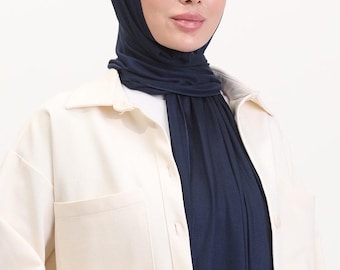 Hijab in jersey blu navy: adatto ai principianti, morbido ed elastico, prodotto in Turchia