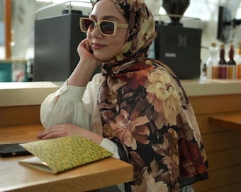 Hijab autunnale in velluto marrone con stampa floreale, facile da indossare, traspirante, comodo, tessuto antipiega, sciarpa con stampa floreale per donna musulmana