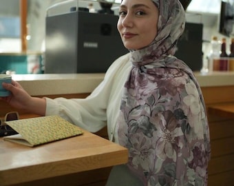 Hijab in velluto color rosa antico con stampa floreale, facile da indossare, traspirante, comodo, tessuto antipiega, sciarpa con stampa floreale per donna musulmana
