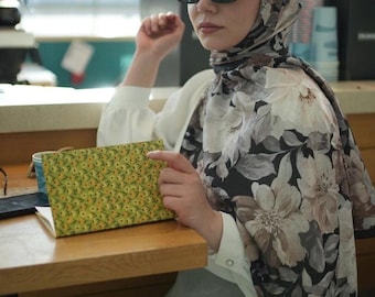 Hijab en velours noir beige avec imprimé fleuri, facile à coiffer, tissu respirant, confortable, infroissable, écharpe à imprimé floral pour femme musulmane