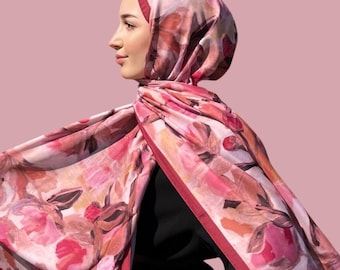 Hijab con stampa Rosewater Bloom - Sciarpa leggera, traspirante e antipiega, 70 x 185 cm, adatta a tutte le stagioni, facile da abbinare, bordi con cucitura italiana.