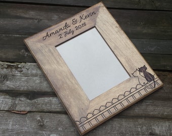 Gifts for Cat Lovers, Cats on a fence wooden picture frame, wedding photo frame, personalized photo frame, custom wedding gift, shower gift