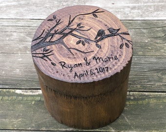 Engraved Wooden Ring Box, custom personalized love birds design for your wedding, ring bearer, or engagement