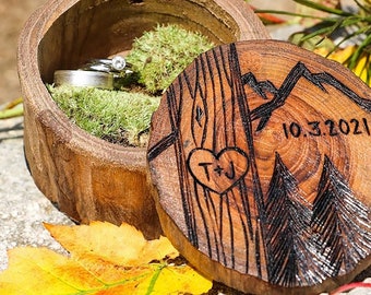 Personalized wooden wedding ring box - rustic tree with heart, initials, mountains design