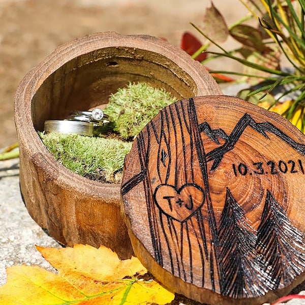 Personalized wooden wedding ring box - rustic tree with heart, initials, mountains design