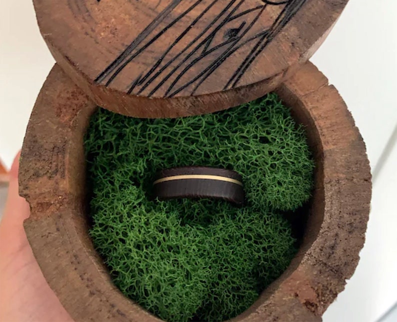 Personalized wooden wedding ring box mountain pine tree birds rustic ring bearer box. With Moss