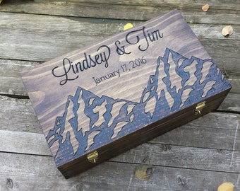 Rustic Wedding wine box, mountain wine box, Custom Double Wine Box, First Fight Box, Card box, Memory Box, anniversary gift, wedding gift