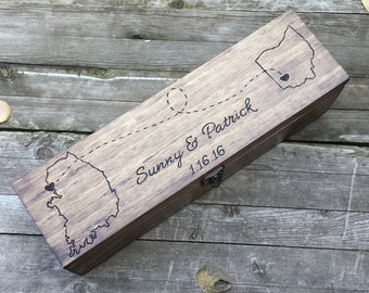 Personalized engagement wooden wine box - hand engraved state-to-state love