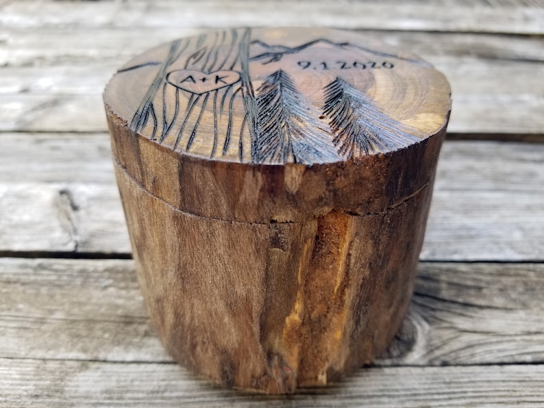 Personalized wooden wedding ring box rustic tree with heart, initials, mountains design image 8