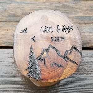 Personalized wooden wedding ring box - mountain pine tree birds rustic ring bearer box.