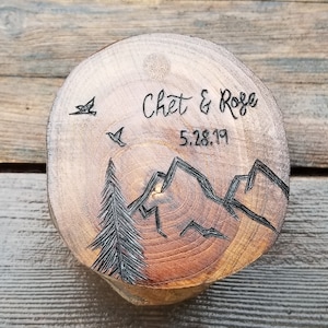 Personalized wooden wedding ring box mountain pine tree birds rustic ring bearer box. image 1