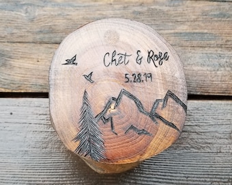 Personalized wooden wedding ring box - mountain pine tree birds rustic ring bearer box.