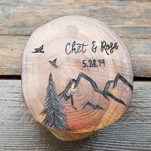 Personalized wooden wedding ring box - mountain pine tree birds rustic ring bearer box.