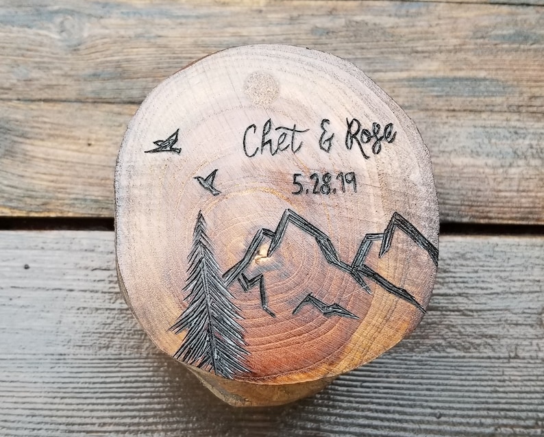 Personalized wooden wedding ring box mountain pine tree birds rustic ring bearer box. image 1