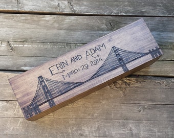 Custom wooden wine box, Golden Gate bridge design - personalized with names and date