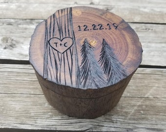 Custom wooden wedding ring box - personalized tree with heart and initials rustic ring bearer box.