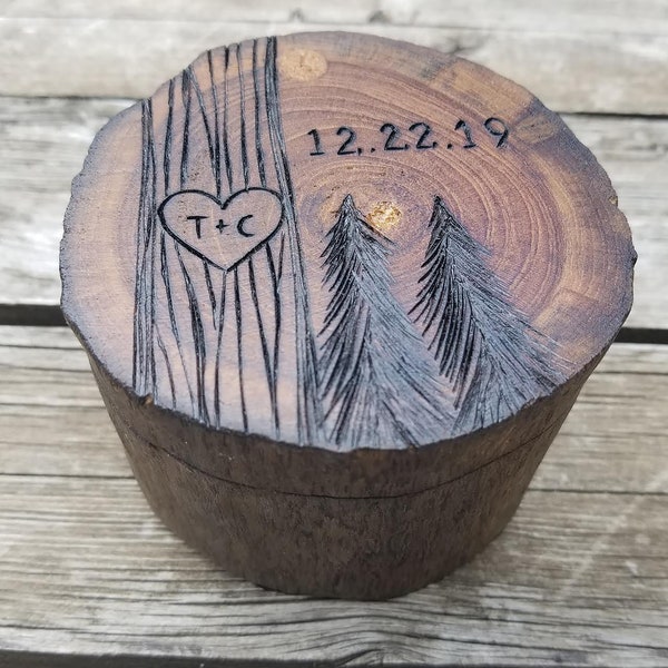 Custom wooden wedding ring box - personalized tree with heart and initials rustic ring bearer box.