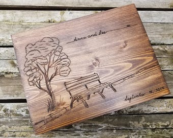 Personalized wine and card box for wedding - bench and tree custom engraved wood box for storing love letters, advice notes, 5th anniversary